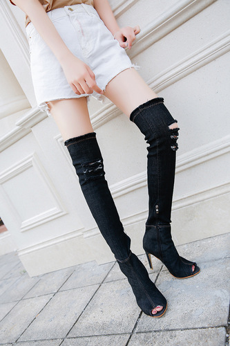  Price Over The Knee High Boots Women Denim Peep Toe High Heel Boots With Moq 1 Pair