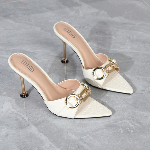 2022 Sandals For Women Summer Metal Chain One Line Outside Slippers Square Toe Check Stiletto High Heels Women's Shoes