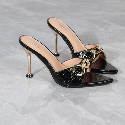 2022 Sandals For Women Summer Metal Chain One Line Outside Slippers Square Toe Check Stiletto High Heels Women's Shoes