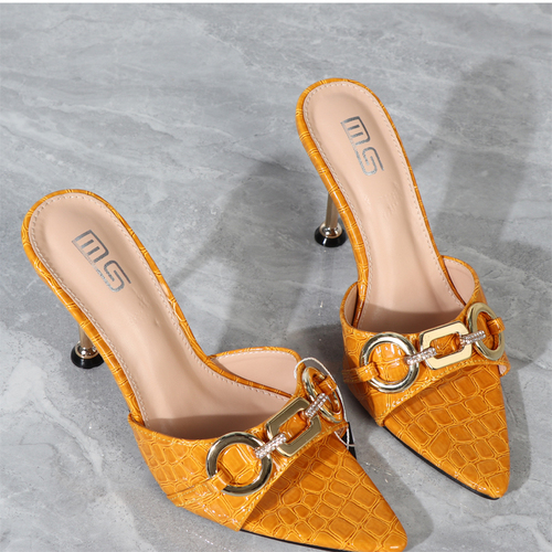 2022 Sandals For Women Summer Metal Chain One Line Outside Slippers Square Toe Check Stiletto High Heels Women's Shoes