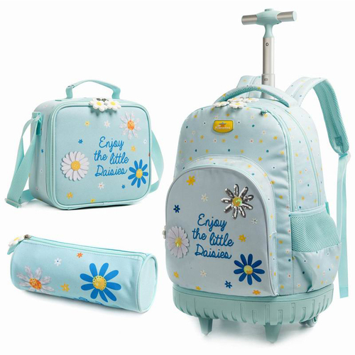 Jasminestar Children Light Blue School Bag Shoulder Bag Pencil Case Kids Backpack Trolley Set With Flower Embroidery For