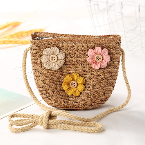 Cute Mini Coin Purse Children Kids Light Shoulder Crossbody Small Straw Rattan Bucket Bag Handbag