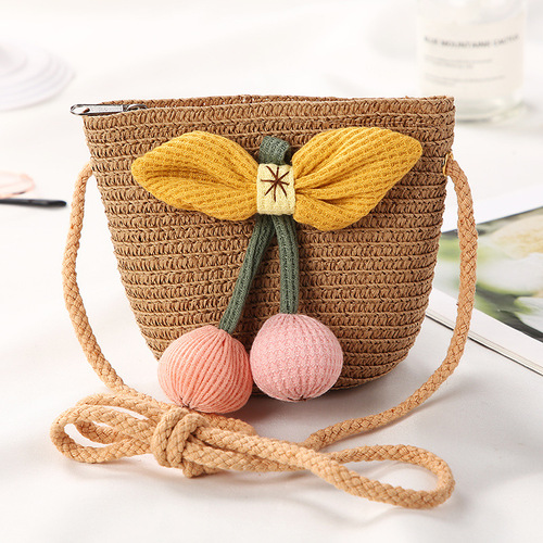 Cute Mini Coin Purse Children Kids Light Shoulder Crossbody Small Straw Rattan Bucket Bag Handbag