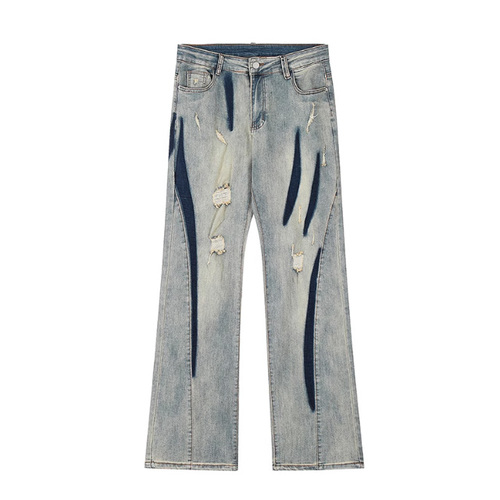 Y2K Retro Jeans Men Distressed Ripped Blue Washed Jeans Antique Relax Fit Straight Leg Denim Pants