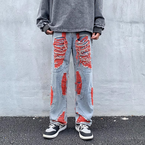 Destroy ripped blue washed street wear hip hop Men's jeans straight leg denim pants