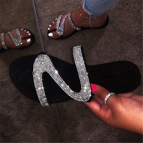 New rhinestone ladies flats shoes indoor outdoor stylish women flat bottom sandals in summer plus size women's slippers