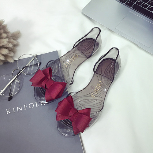   Hot Sale New PVC Women's Transparent Jelly Sandals Fashion Bow Fish Mouth Shoes Flats Casual Outdoors