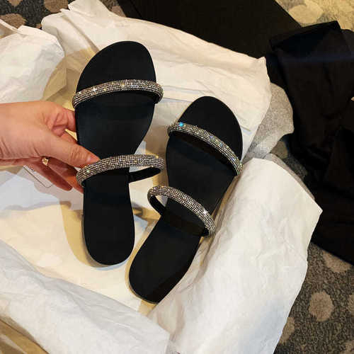 Woman's Sandals New Bling Rhinestones Flat Cross Sandalias Planas Ladies Flats Slides Shoes Summer