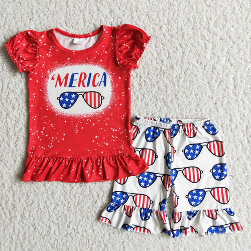 Naional Day girls' clothing sets MERICA blue boy's shirt shorts two piece set mew design matching clothes kid clothing