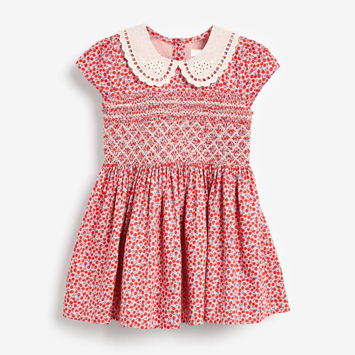High Quality Kids Girls summer clothing 100%cotton Girls Cherry print smocked dress  with perter pan collar 2T-7