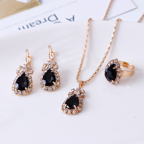 Shimmering Waterdrop Rhinestone Jewelry Set for Women Necklace, Ring, and Earrings Elegant New Fashion Accessories