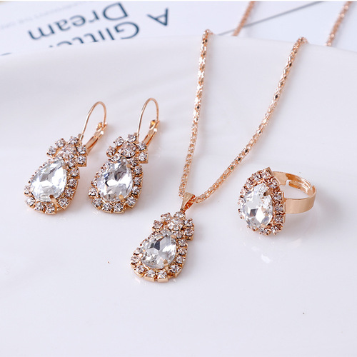 Shimmering Waterdrop Rhinestone Jewelry Set for Women Necklace, Ring, and Earrings Elegant New Fashion Accessories