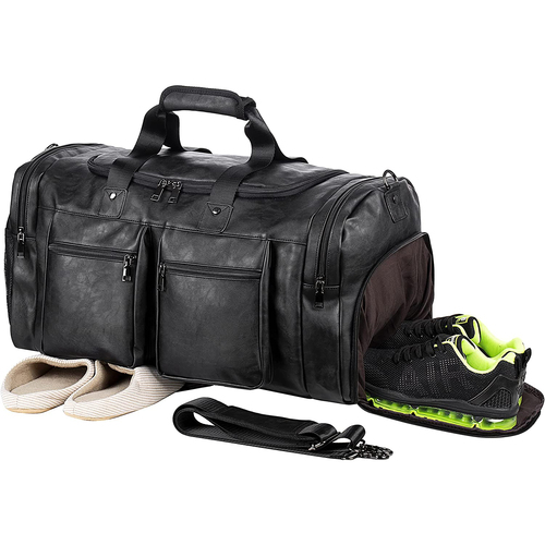 Leather Duffle Bag Weekender Bags  Leather Travel Duffel Bags Mens Leather Overnight with Shoes Pouch  