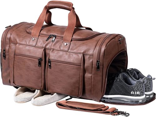 Leather Duffle Bag Weekender Bags  Leather Travel Duffel Bags Mens Leather Overnight with Shoes Pouch  