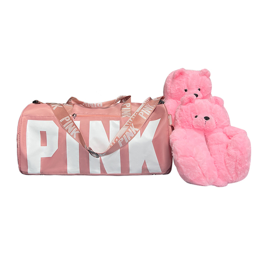 New Arrivals Travel Pink Bag Duffle Spend The Night Weekender Gym Overnight Duffle Bag with Teddy Bear Slipper