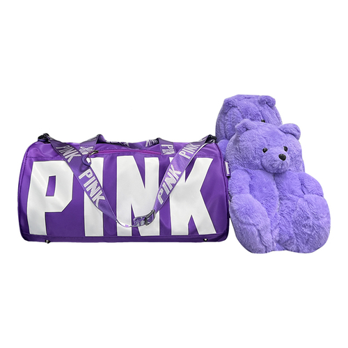 New Arrivals Travel Pink Bag Duffle Spend The Night Weekender Gym Overnight Duffle Bag with Teddy Bear Slipper