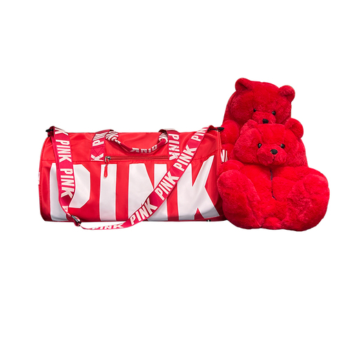 New Arrivals Travel Pink Bag Duffle Spend The Night Weekender Gym Overnight Duffle Bag with Teddy Bear Slipper