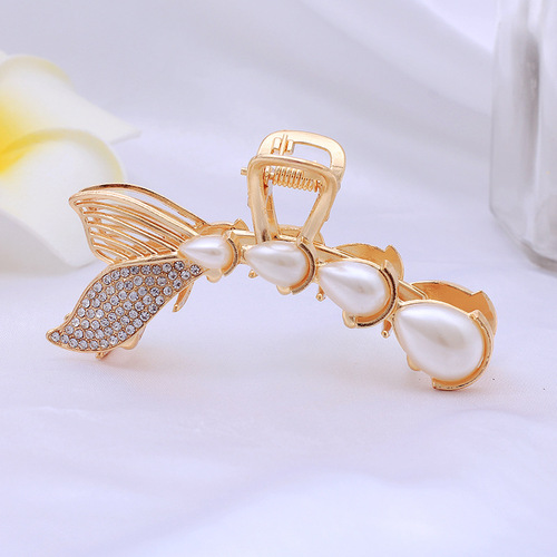 Mylulu yiwu  Fashion Designer Mermaid Fish Tail Claw Hair Clip Luxury Crystal Rhinestone Hair Claw Pearl Bobby Hair Pin 