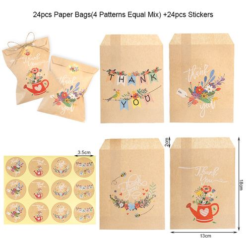 24Sets Thank You Kraft Paper Bags Cute Animal Rainbow Gift Pouch Flower Party Bag Candy Cookie Gift Paper Bag
