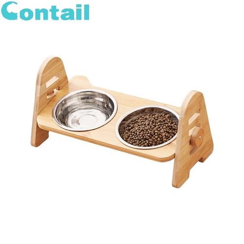 Elevated Dog Cat Food and Water Bowls, Adjustable Bamboo Stand Feeder Pet Bowls & Feeders with 1 / 2 Stainless Steel