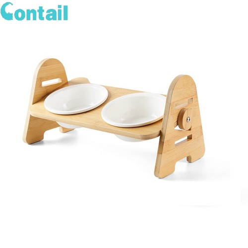 Elevated Dog Cat Food and Water Bowls, Adjustable Bamboo Stand Feeder Pet Bowls & Feeders with 1 / 2 Stainless Steel