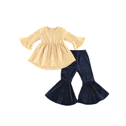 2022 Girlymax fall light yellow and white stripes long sleeve smoked dress bell-bottom pants  top baby girl outfit