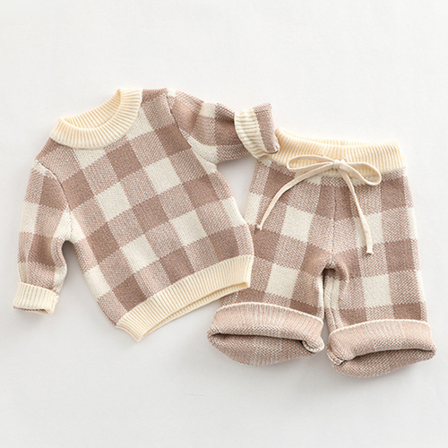 Korean Style Newborn Baby Boys Girls Plaid Suit Baby Long Sleeves Pullover+Pants 2PCS Spring Autumn Baby Knitted Soft Cl