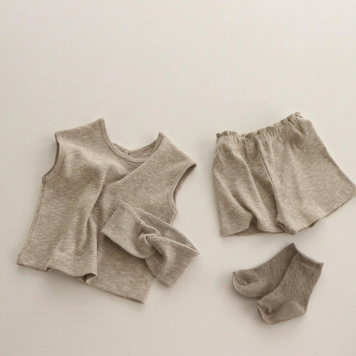 Boys' and girls' vest suit Two side summer Korean children's wear Summer thin baby children clothes two piece set