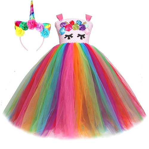 Rainbow Unicorn Dresses for Girls Princess Halloween Costumes Kids Birthday Gift Unicorn Costume Baby Girl Christmas Lon