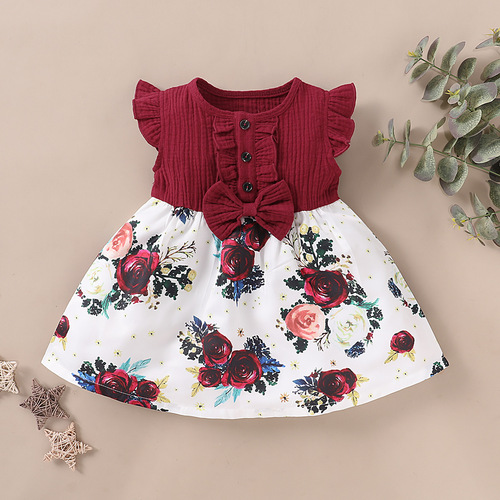 Red female Korean style little girl summer western style princess dress flower dress