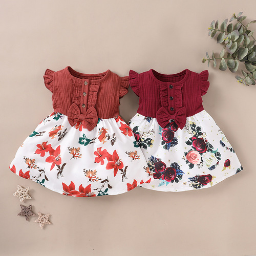 Red female Korean style little girl summer western style princess dress flower dress