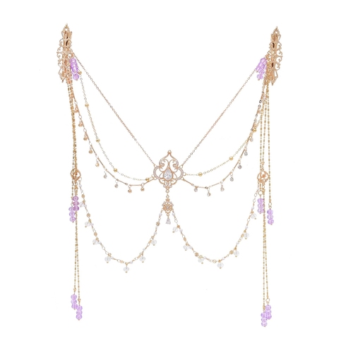 Copper Alloy Purple Crystal Beads Long Tassel Chinese Bridal Hair Accessories Zircon Headwear