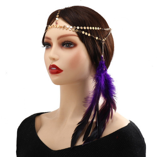 New women hair accessory headchain, European and American retro Bohemian Indian feather glitter hair chains