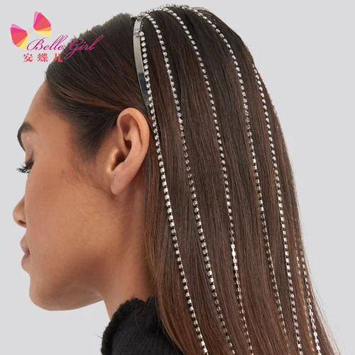 New designer European silver rhinestone headband hanging crystal chain tassel hairbands women long chain link headband