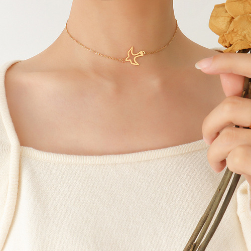 Fashion swallow charms and pendants stainless steel jewelry 18k pvd gold plated bead chain necklace collar de acero inox