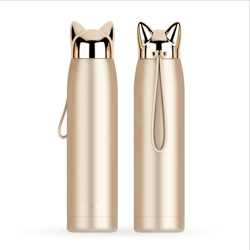 Double Wall Stainless Steel Vacuum Flask Cute Cat & Fox Ear Thermos Water Bottle for Coffee, Tea, Milk, Travel