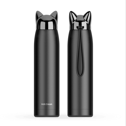 Double Wall Stainless Steel Vacuum Flask Cute Cat & Fox Ear Thermos Water Bottle for Coffee, Tea, Milk, Travel