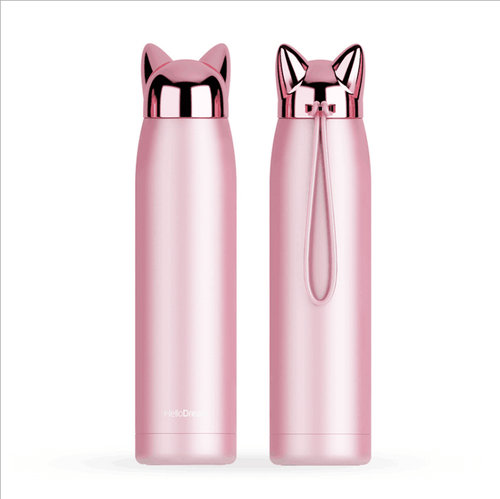 Double Wall Stainless Steel Vacuum Flask Cute Cat & Fox Ear Thermos Water Bottle for Coffee, Tea, Milk, Travel