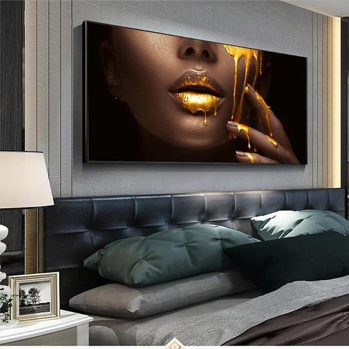 Sexy Lip Black African Woman Painting Wall Art Gold Modern ised Printed Canvas UV Printing Decorative Painting Por