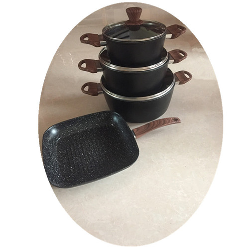 7Pcs Aluminum Marble Non Stick Forged Casserole And Grill Fry Pan Set Induction Bottom Cookware Set With Wooden Handle