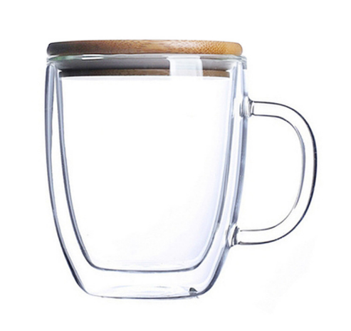 Hand Made Heat Resistant Borosilicate Glass Double Wall Coffee Cups Clear Coffee Mug with Handle and Bamboo lid
