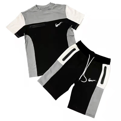 Sports T-shirt Men's Round Neck Casual Color Matching Shorts Short Sleeve Men's Suit Summer Two-Piece Suit