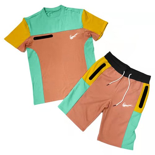 Sports T-shirt Men's Round Neck Casual Color Matching Shorts Short Sleeve Men's Suit Summer Two-Piece Suit