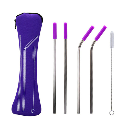 Eco Friendly Portable Bag 5pcs Stainless Steel Straws Metal Straw Set with Silicone Tips Straw Brush