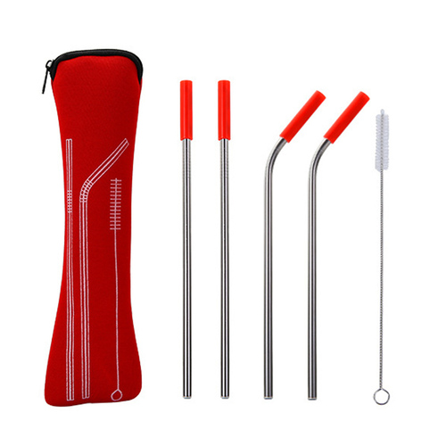 Eco Friendly Portable Bag 5pcs Stainless Steel Straws Metal Straw Set with Silicone Tips Straw Brush