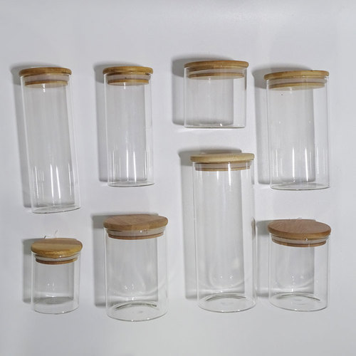 Heat resistant clear round glassware airtight sealed  size kitchen food large 1000ml containers wood lid glass jar stora