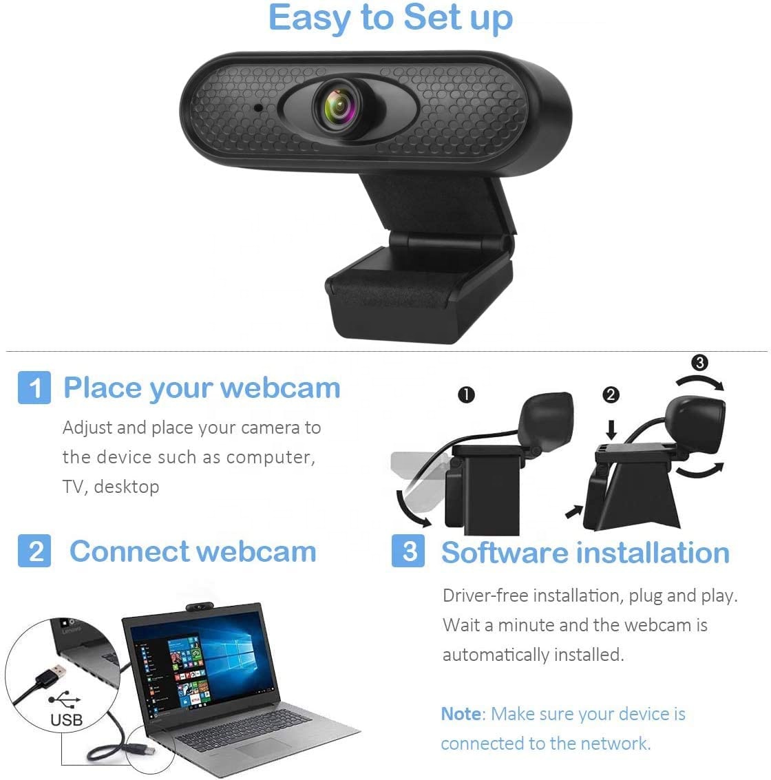 HD 1080P Webcam with Built-in Microphone HD Web Camera Plug Play USB Webcam Driver-Free Anti-Interference Fast Transmiss