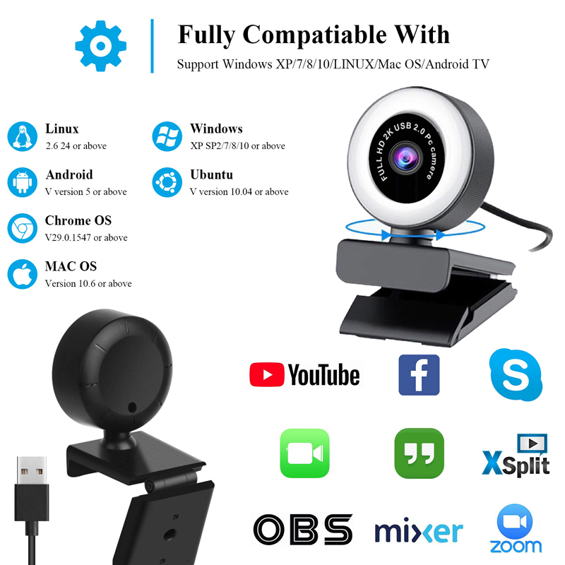 1080P Webcam with built-in Microphone LED Ring Light FULL HD Computer Camera for Streaming webcam for Gaming Video Confe