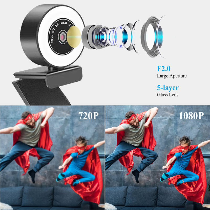 1080P Webcam with built-in Microphone LED Ring Light FULL HD Computer Camera for Streaming webcam for Gaming Video Confe