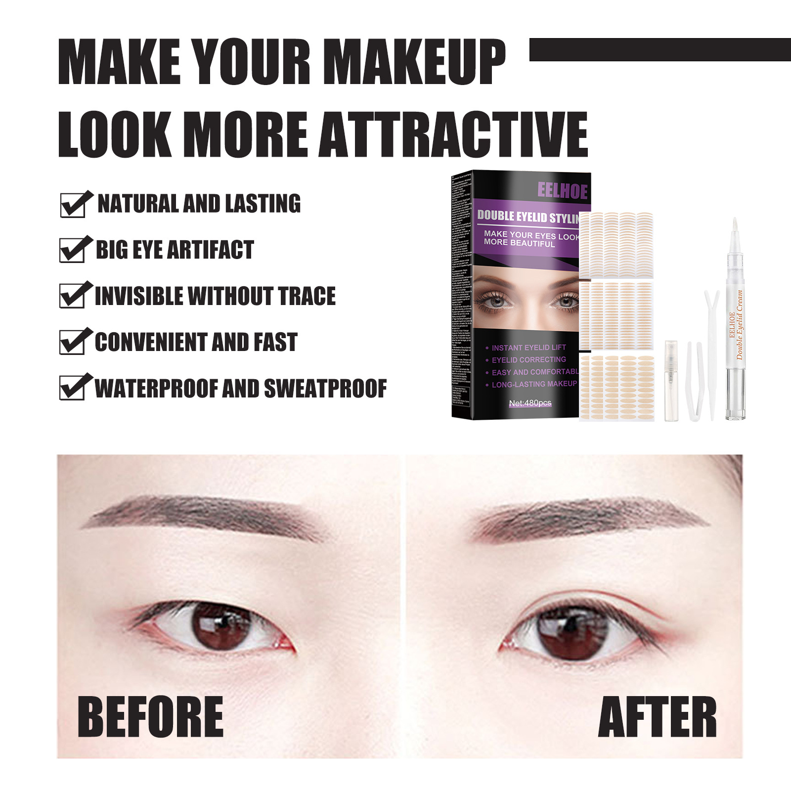 eelhoe Invisible Double Eyelid Tape Self-Adhesive Transparent Eyelid Stickers Slim/Wide Waterproof Fiber Stickers for ey